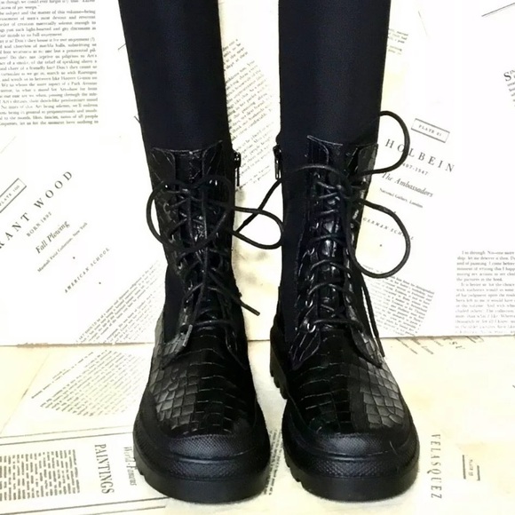 Free People Shoreditch Over Knee Combat Boot Leather Croc Tight Stretch 38/8 - Picture 1 of 6